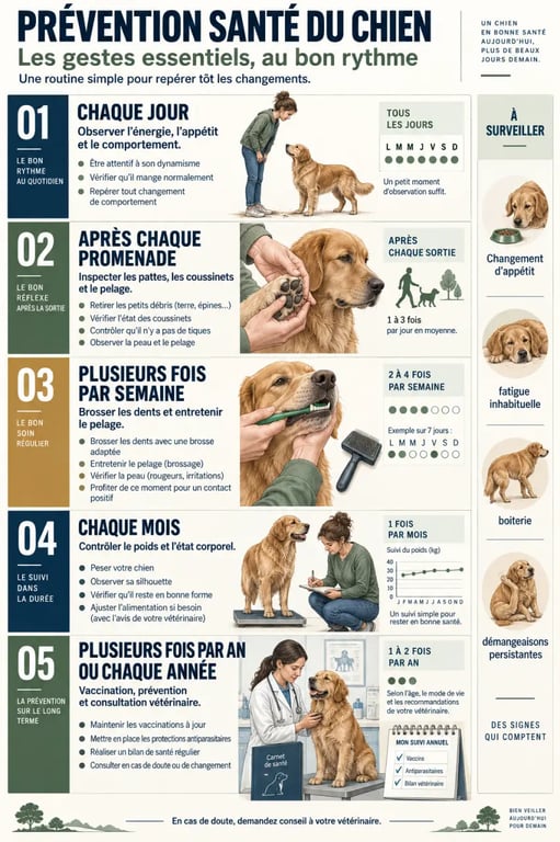Infographie sur la prévention santé du chien et les soins préventifs à chaque fréquence