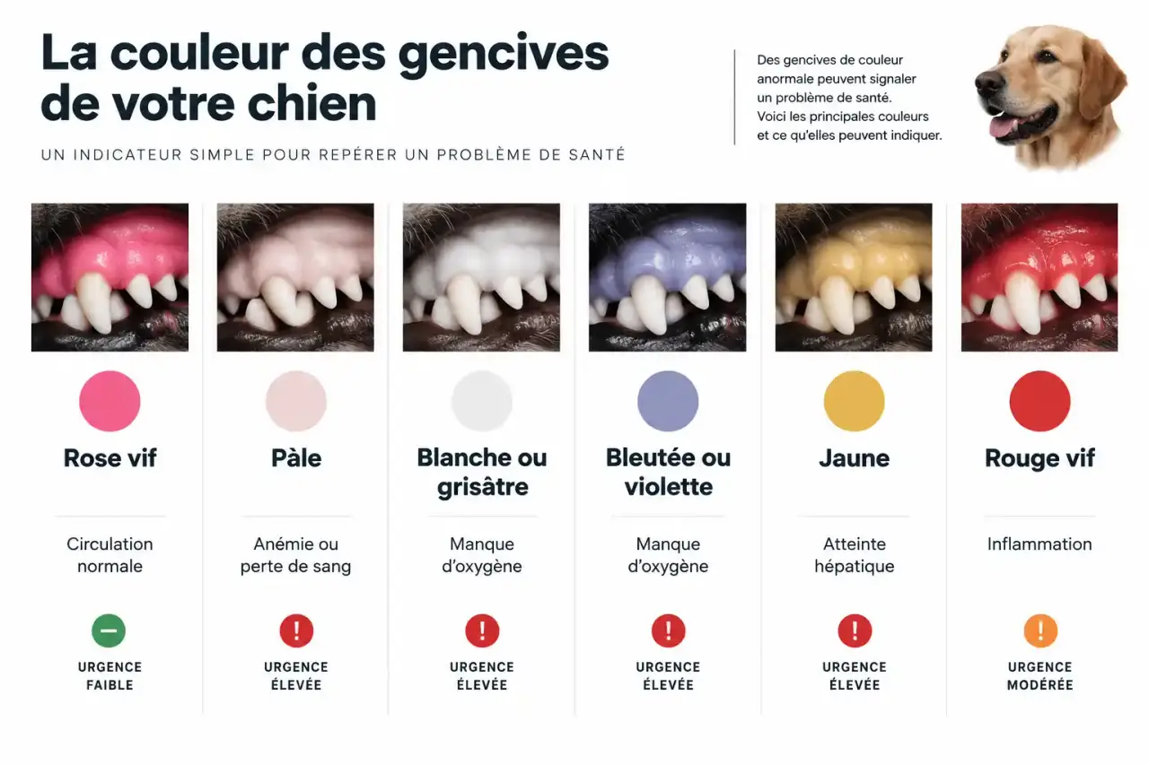 Infographie des couleurs de gencive du chien, de rose à blanche, pour comprendre des babines blanches chez un chien et leur niveau d'urgence