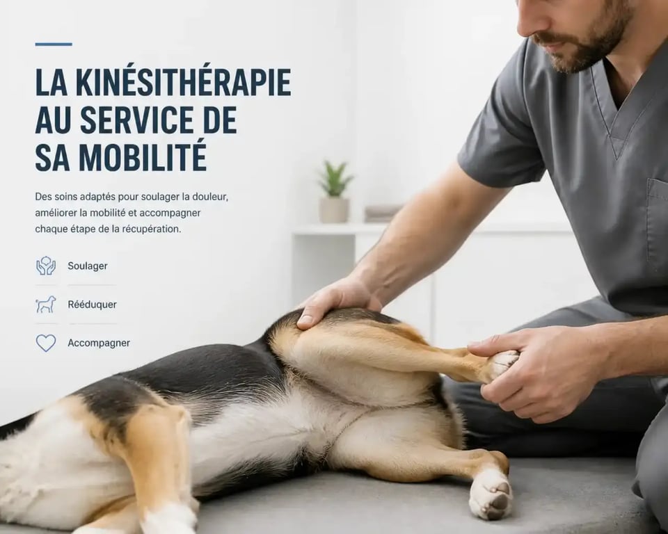 Kiné pour animaux réalisant une manipulation des membres sur un chien en séance de rééducation
