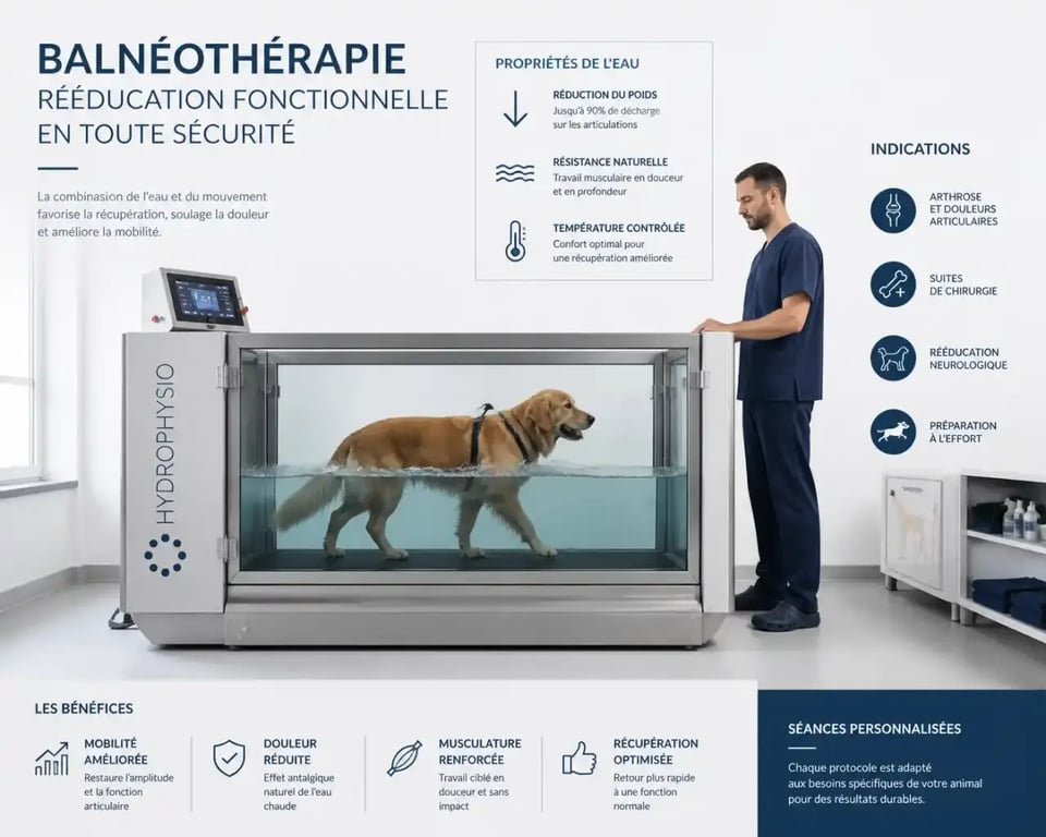 Séance de balnéothérapie pour un chien chez un kiné pour animaux