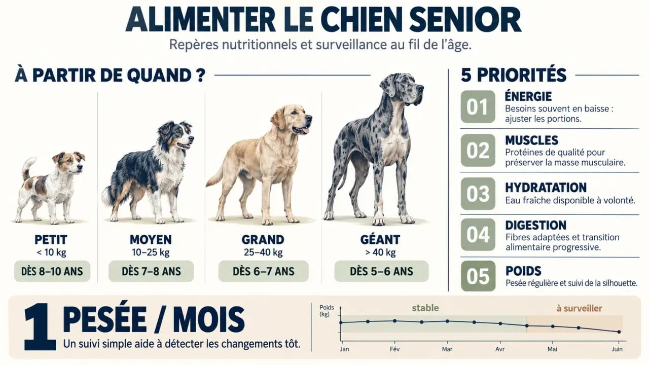 Infographie sur l’alimentation chien senior selon l’âge, la taille et les besoins nutritionnels