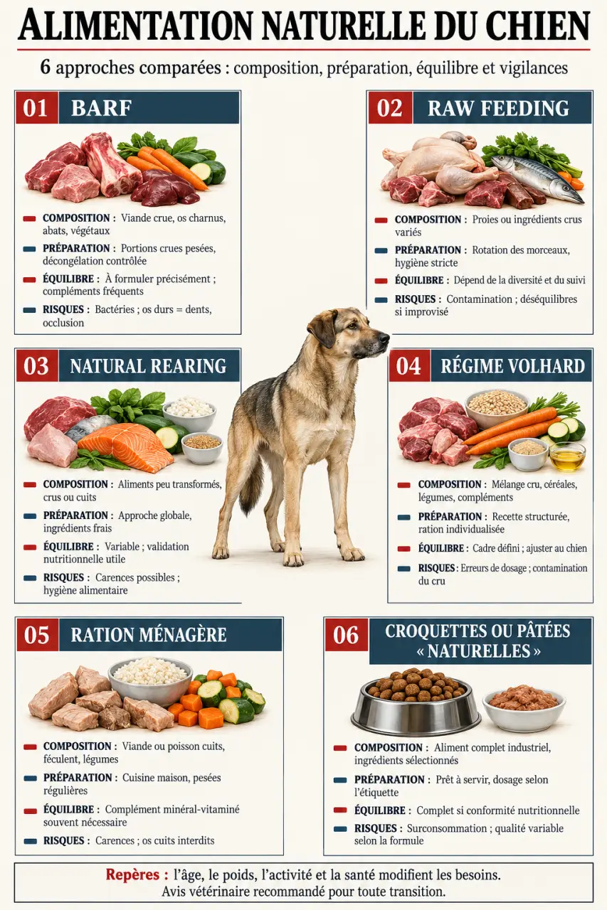 Infographie comparative sur l’alimentation naturelle du chien : BARF, ration ménagère, croquettes et pâtées naturelles