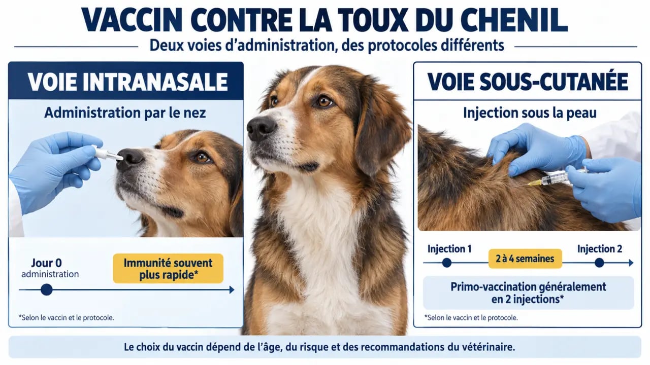 Infographie comparative sur le vaccin toux du chenil intranasal ou injectable chez le chien