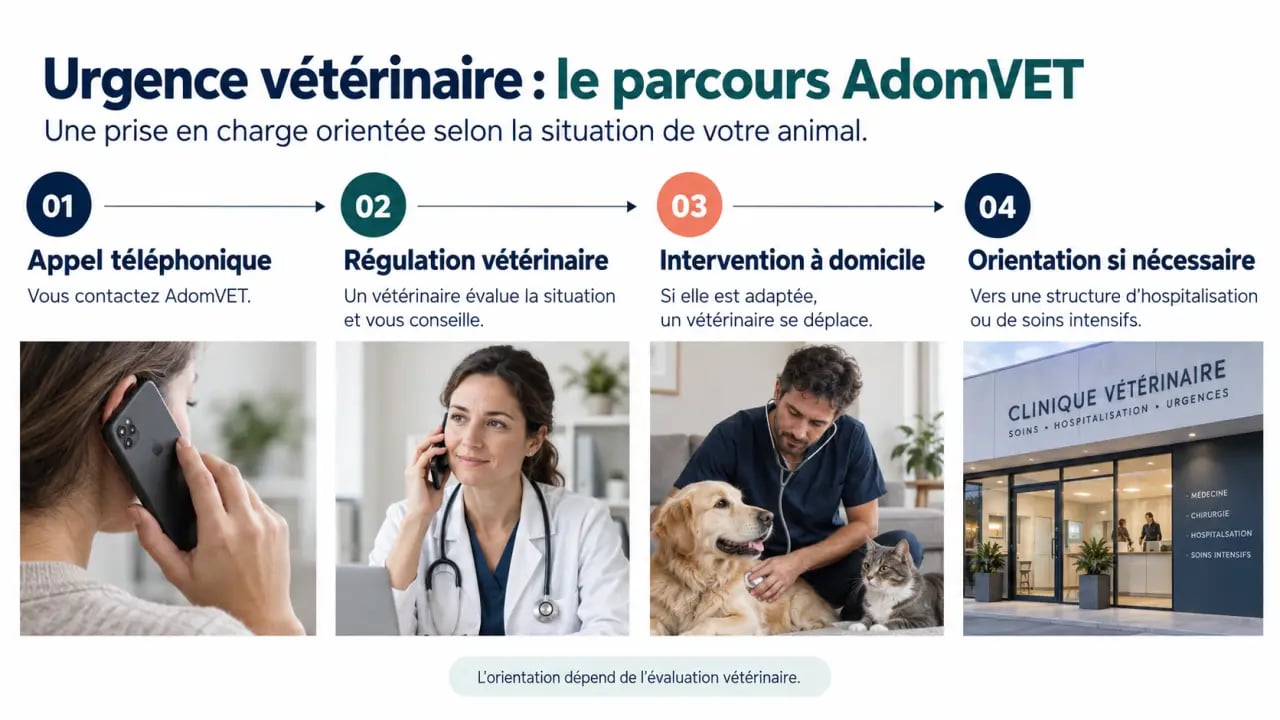 Schéma du parcours d'une urgence vétérinaire avec AdomVET, de l'appel à l'intervention ou l'hospitalisation