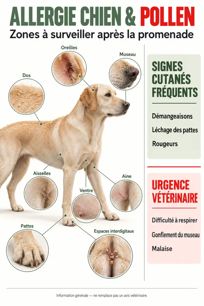 Infographie sur l’allergie chien pollen et les zones fréquemment touchées
