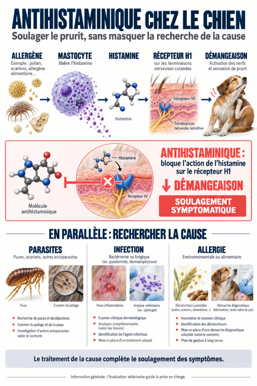Infographie sur le fonctionnement d’un antihistaminique chien et le rôle de l’histamine dans les démangeaisons