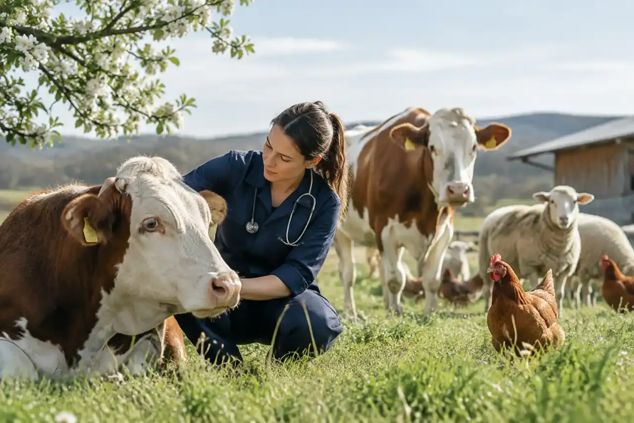 Bovins et ovins au pâturage au printemps dans une exploitation agricole