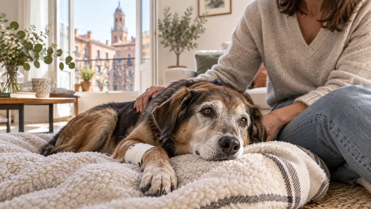 Chien âgé au calme après une hospitalisation vétérinaire