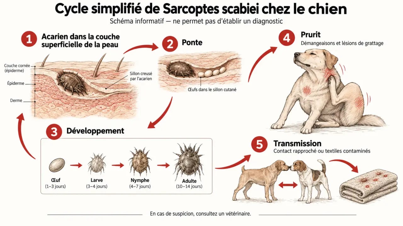 Schéma explicatif de la gale sarcoptique du chien et du cycle de Sarcoptes scabiei