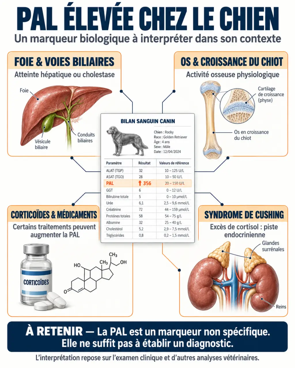 Infographie sur la PAL prise de sang chien et les causes possibles d'une valeur élevée
